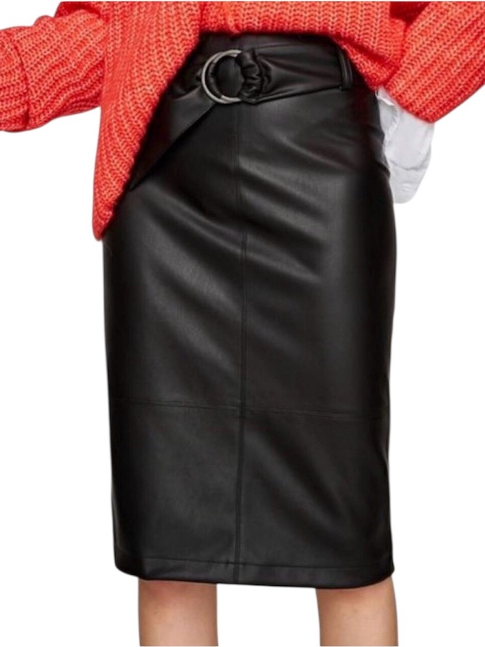Zara Black Faux Leather Pencil Skirt with Buckle Waist
